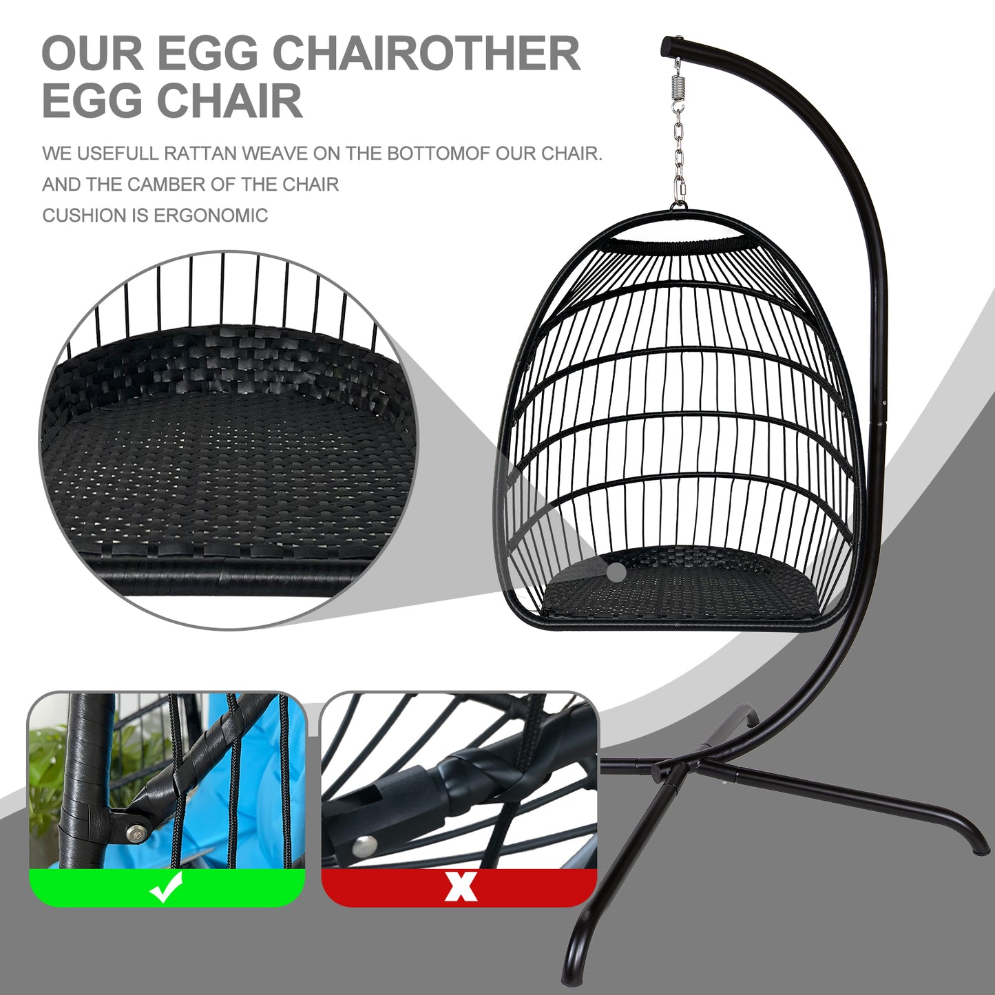 Outdoor/Indoor Swing Rattan Basket Egg Chair with Stand- Charcoal