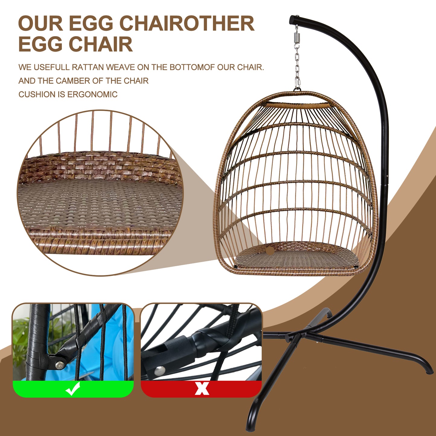 Outdoor/Indoor Swing Rattan Basket Egg Chair with Stand-Beige