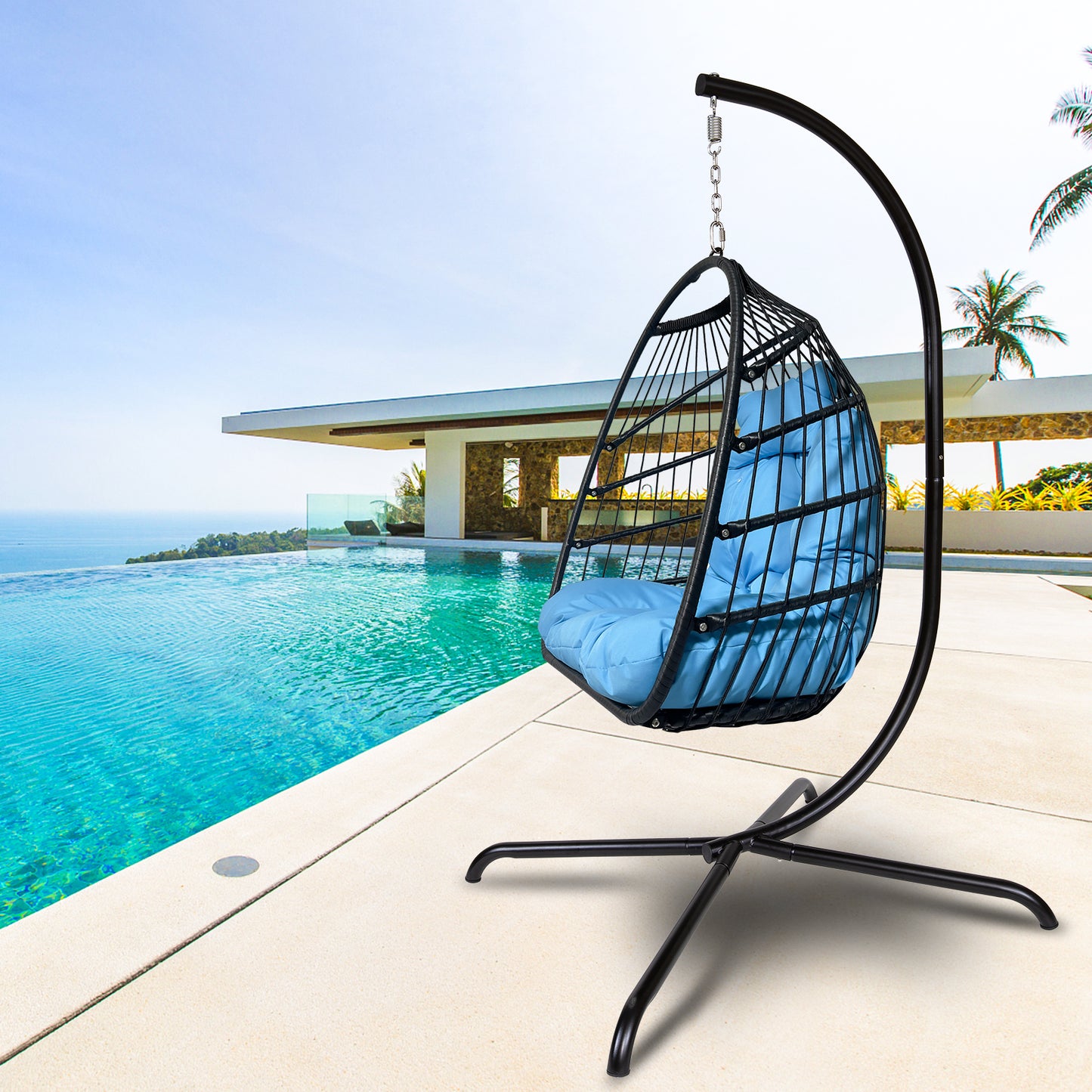 Outdoor/Indoor Swing Rattan Basket Egg Chair with Stand- Blue