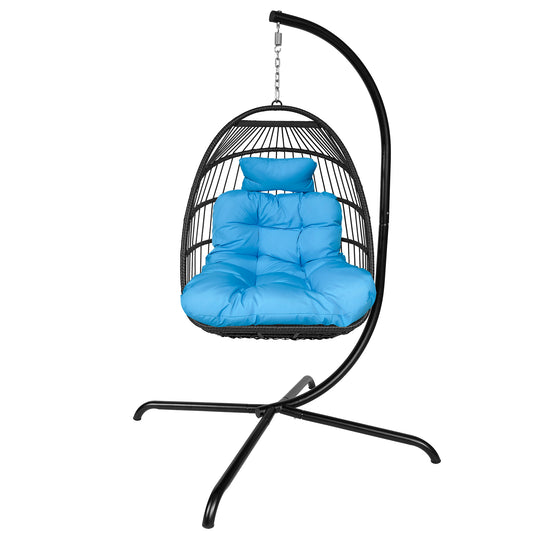 Outdoor/Indoor Swing Rattan Basket Egg Chair with Stand- Blue