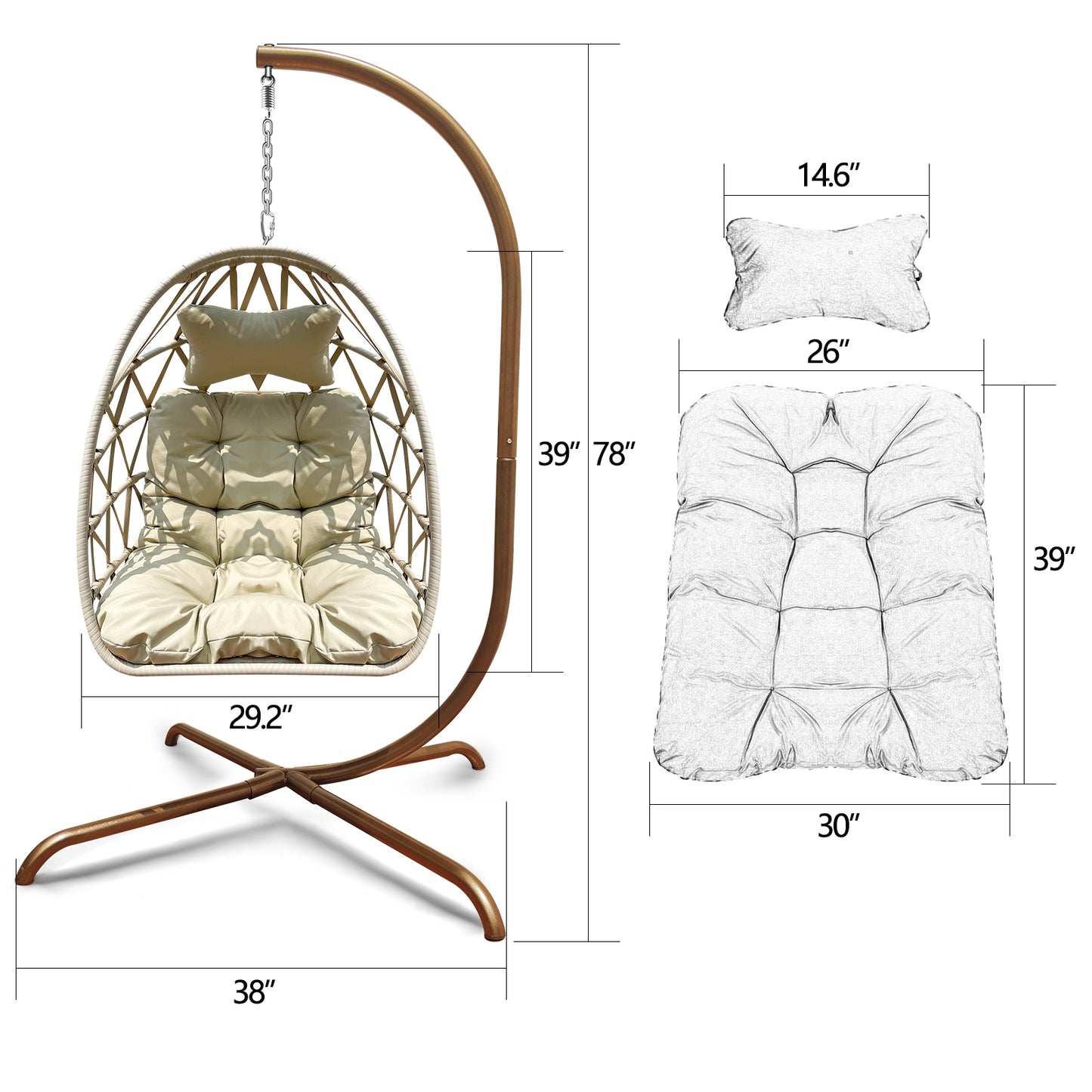 Outdoor/Indoor Swing Rattan Basket Egg Chair with Stand- Gold