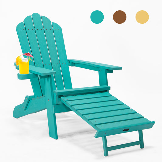 Folding Adirondack Chair w/ Pullout Ottoman & Cup Holder,