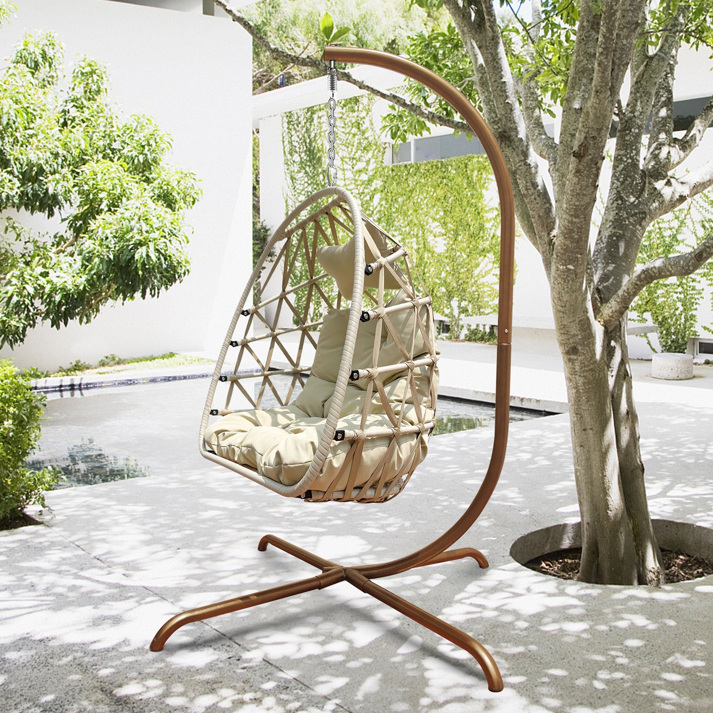 Outdoor/Indoor Swing Rattan Basket Egg Chair with Stand- Gold