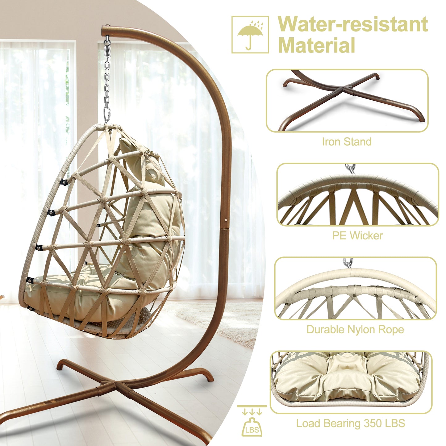 Outdoor/Indoor Swing Rattan Basket Egg Chair with Stand- Gold