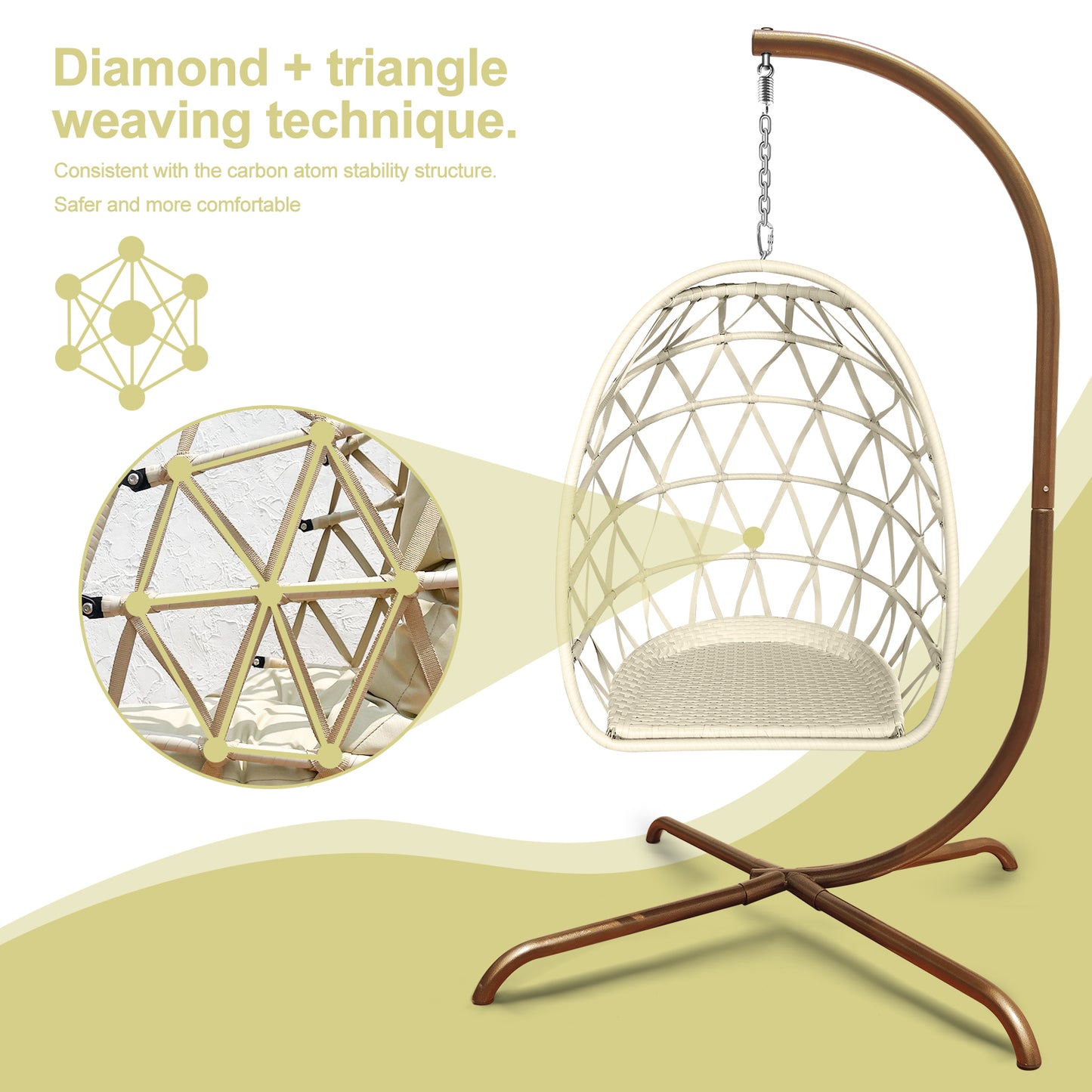 Outdoor/Indoor Swing Rattan Basket Egg Chair with Stand- Gold