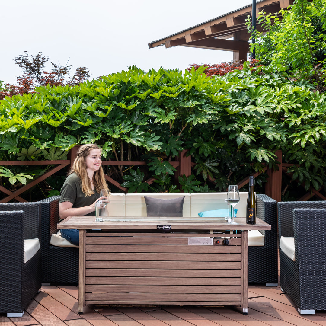 Luxury 57in Fire Table with Glass Wind Guard- Natural Wood Coating