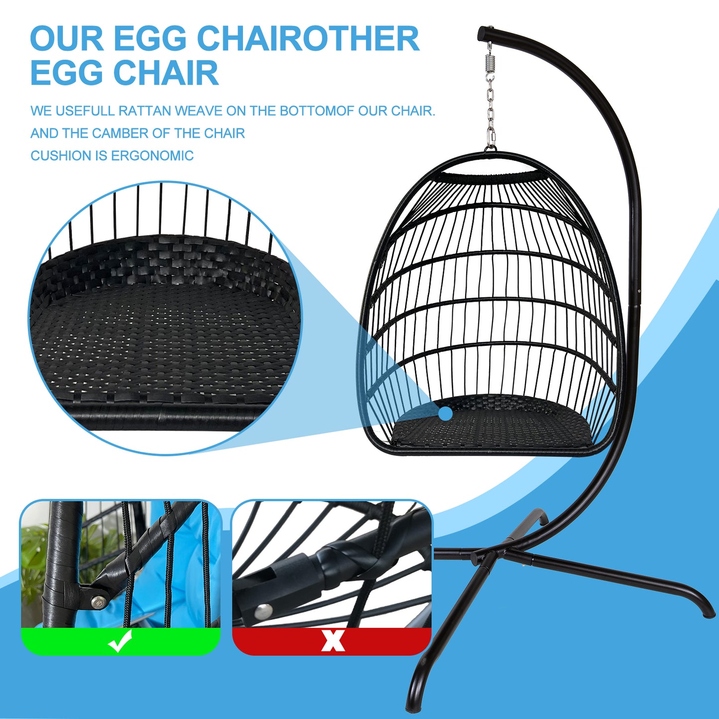 Outdoor/Indoor Swing Rattan Basket Egg Chair with Stand- Blue