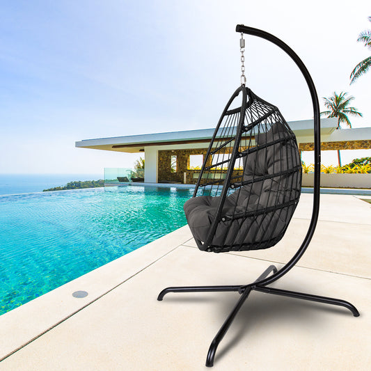 Outdoor/Indoor Swing Rattan Basket Egg Chair with Stand- Charcoal