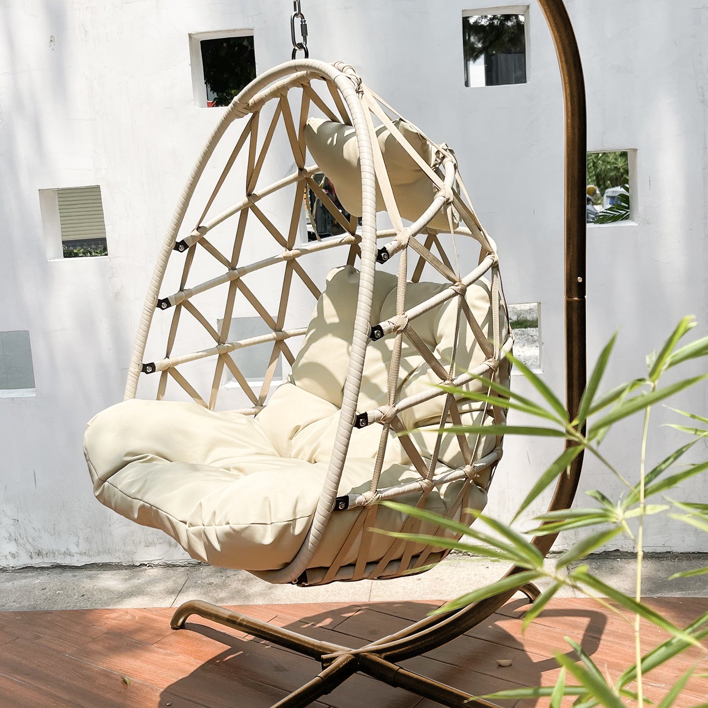 Outdoor/Indoor Swing Rattan Basket Egg Chair with Stand- Gold