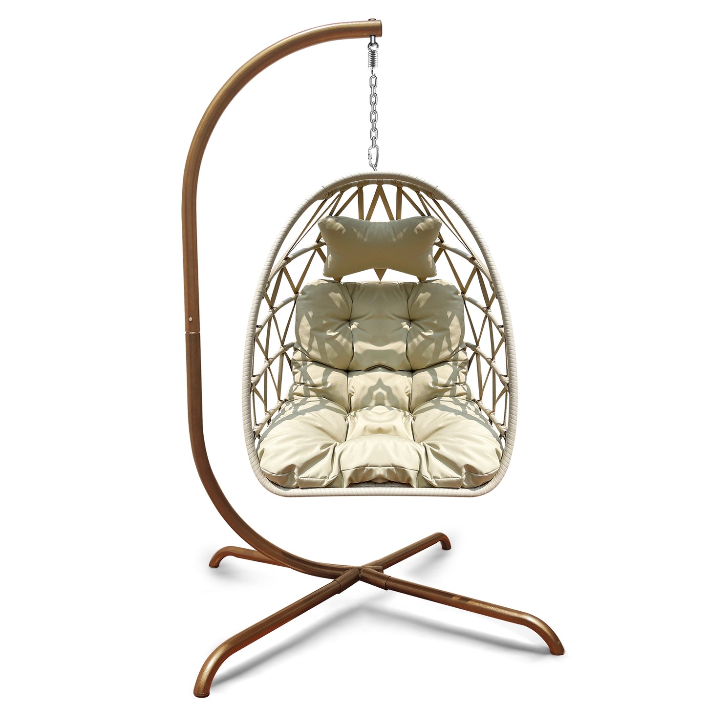 Outdoor/Indoor Swing Rattan Basket Egg Chair with Stand- Gold