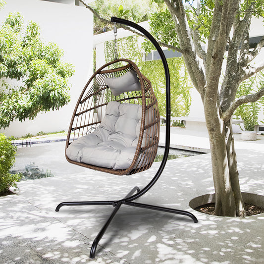 Outdoor/Indoor Swing Rattan Basket Egg Chair with Stand-Beige