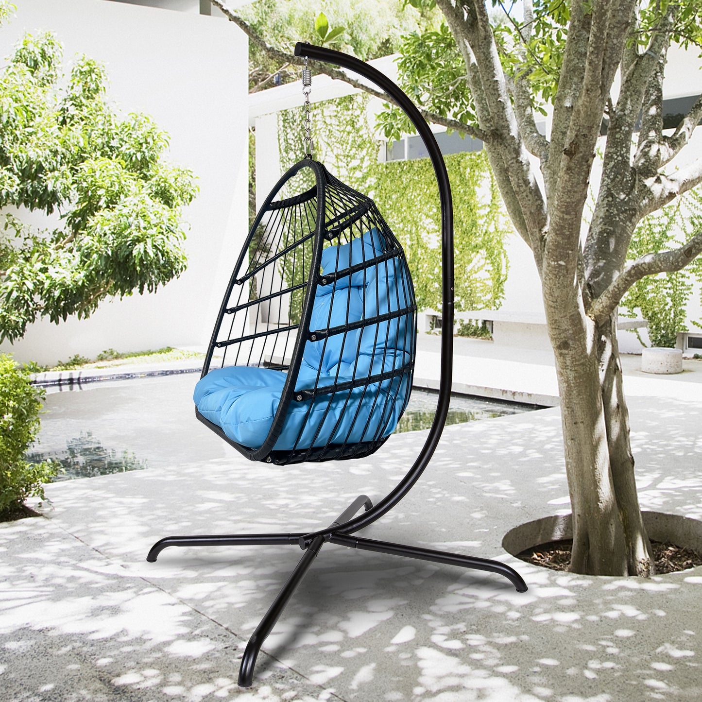 Outdoor/Indoor Swing Rattan Basket Egg Chair with Stand- Blue