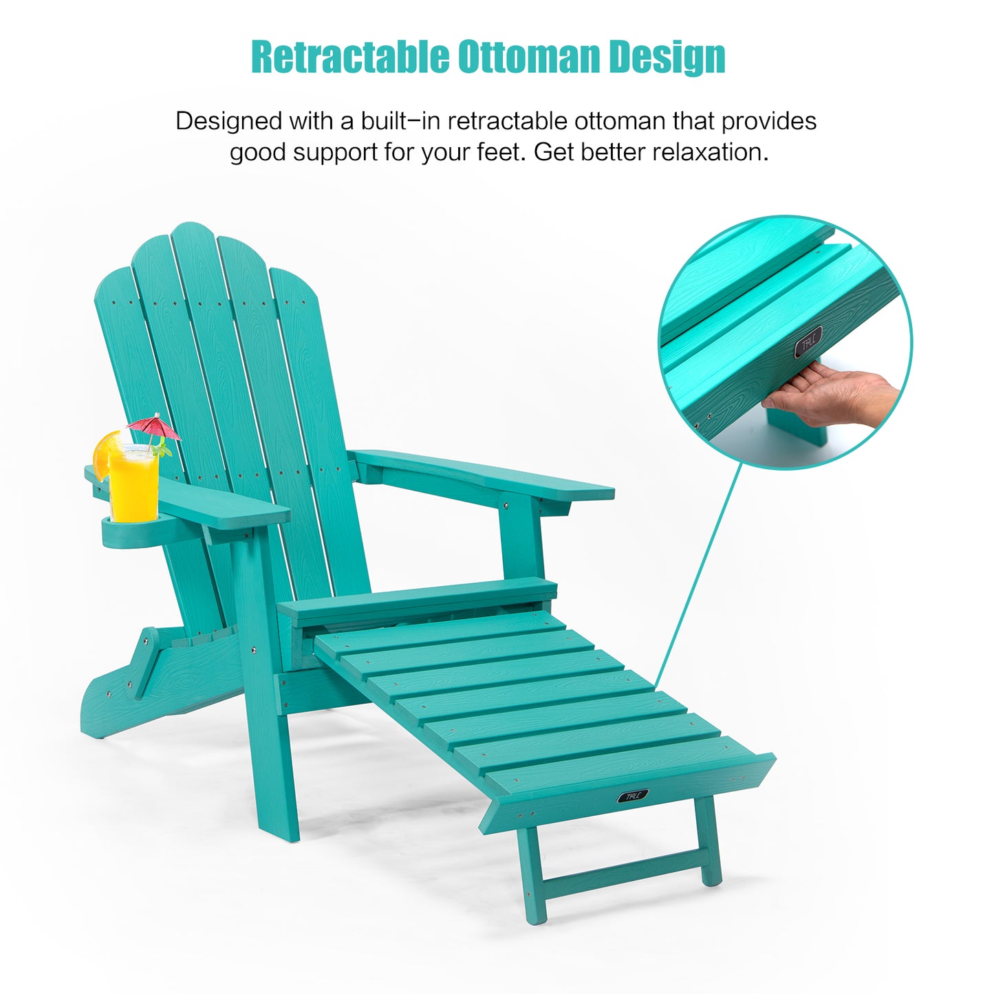 Folding Adirondack Chair w/ Pullout Ottoman & Cup Holder,