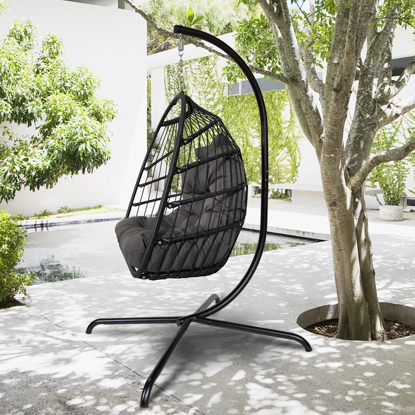 Outdoor/Indoor Swing Rattan Basket Egg Chair with Stand- Charcoal