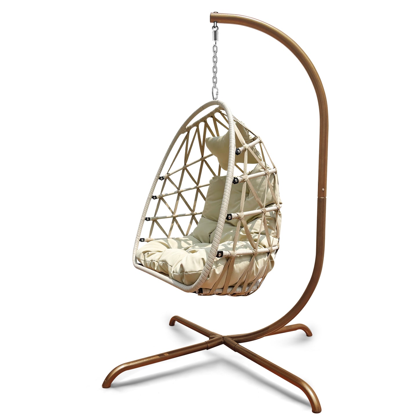 Outdoor/Indoor Swing Rattan Basket Egg Chair with Stand- Gold