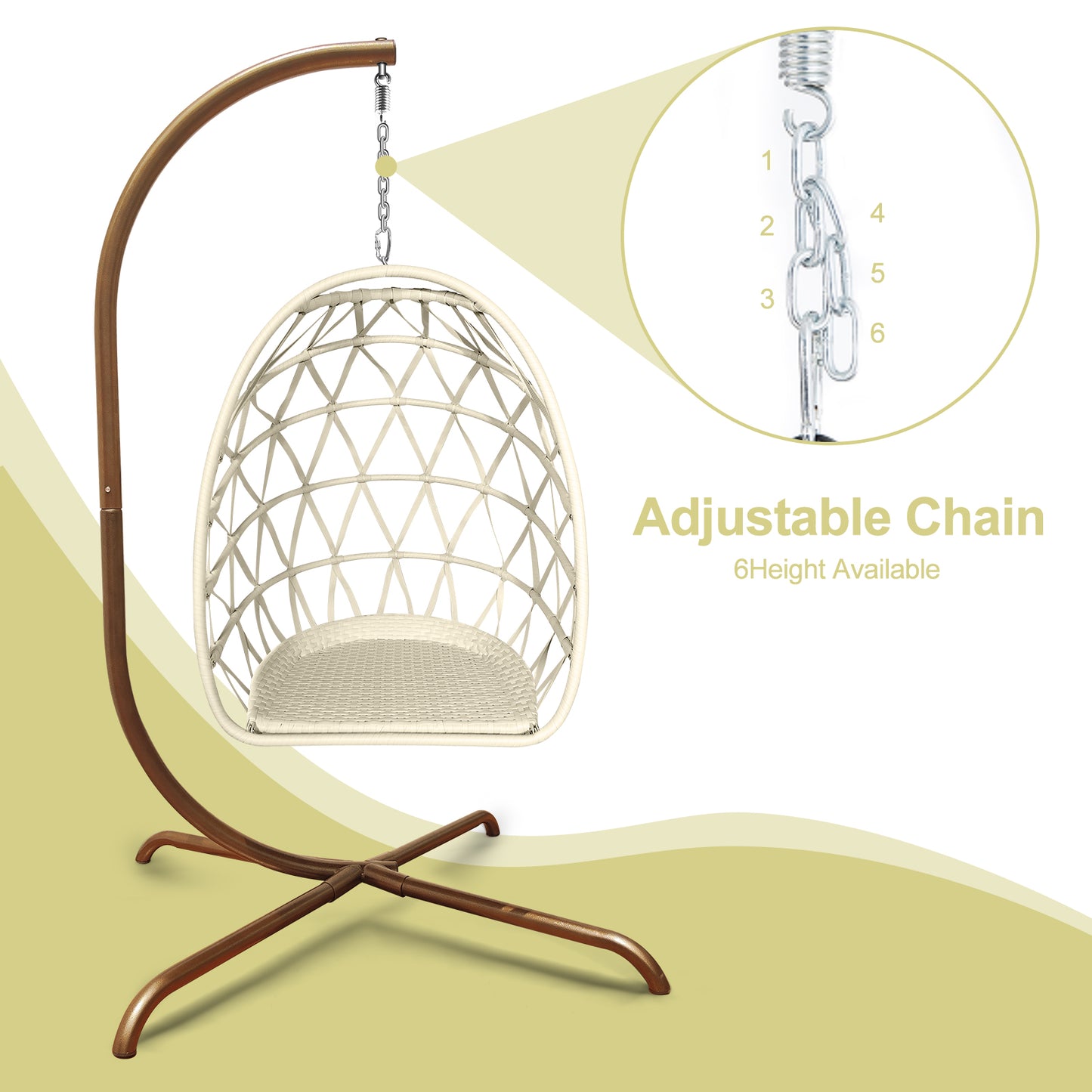 Outdoor/Indoor Swing Rattan Basket Egg Chair with Stand- Gold